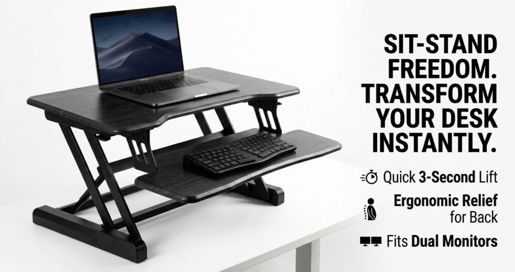 sit-stand desk converter with laptop and keyboard on a white table next to feature text.